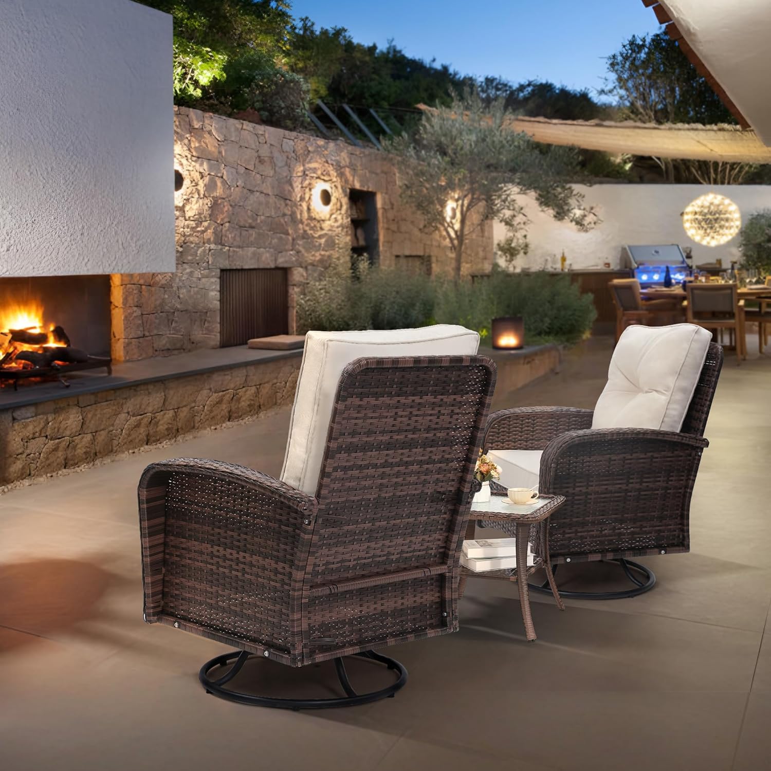 Luxury Outdoor Swivel Wicker Glider Patio Chairs with Table Set  Overstuffed Washable Cushions  Ideal for Porch  Balcony  Deck  Brown Rattan and Beige Cushion