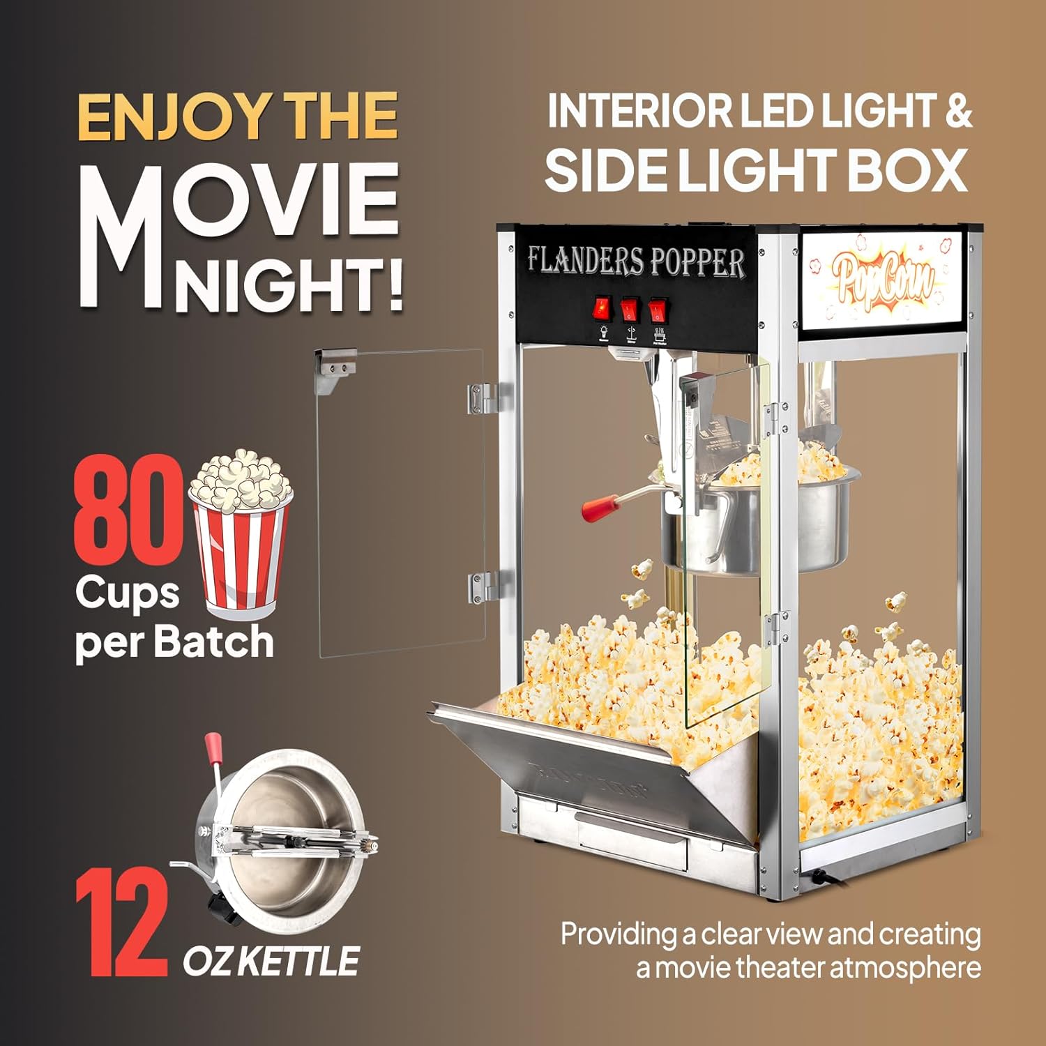 ROVSUN Popcorn Machine with 12 Ounce Kettle Makes Up to 80 Cups ETL Certified, Countertop Popcorn Maker Commercial Popcorn Machine w/Stainless Steel Scoop, Oil Spoon & 3 Popcorn Cups for Theater Home