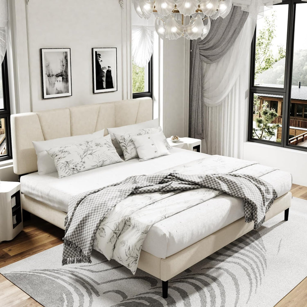 King Size Platform Bed Frame with Upholstered Headboard, Wooden Slats Support, Noise Free, No Box Spring Needed, Easy Assembly, Beige, Velvet
