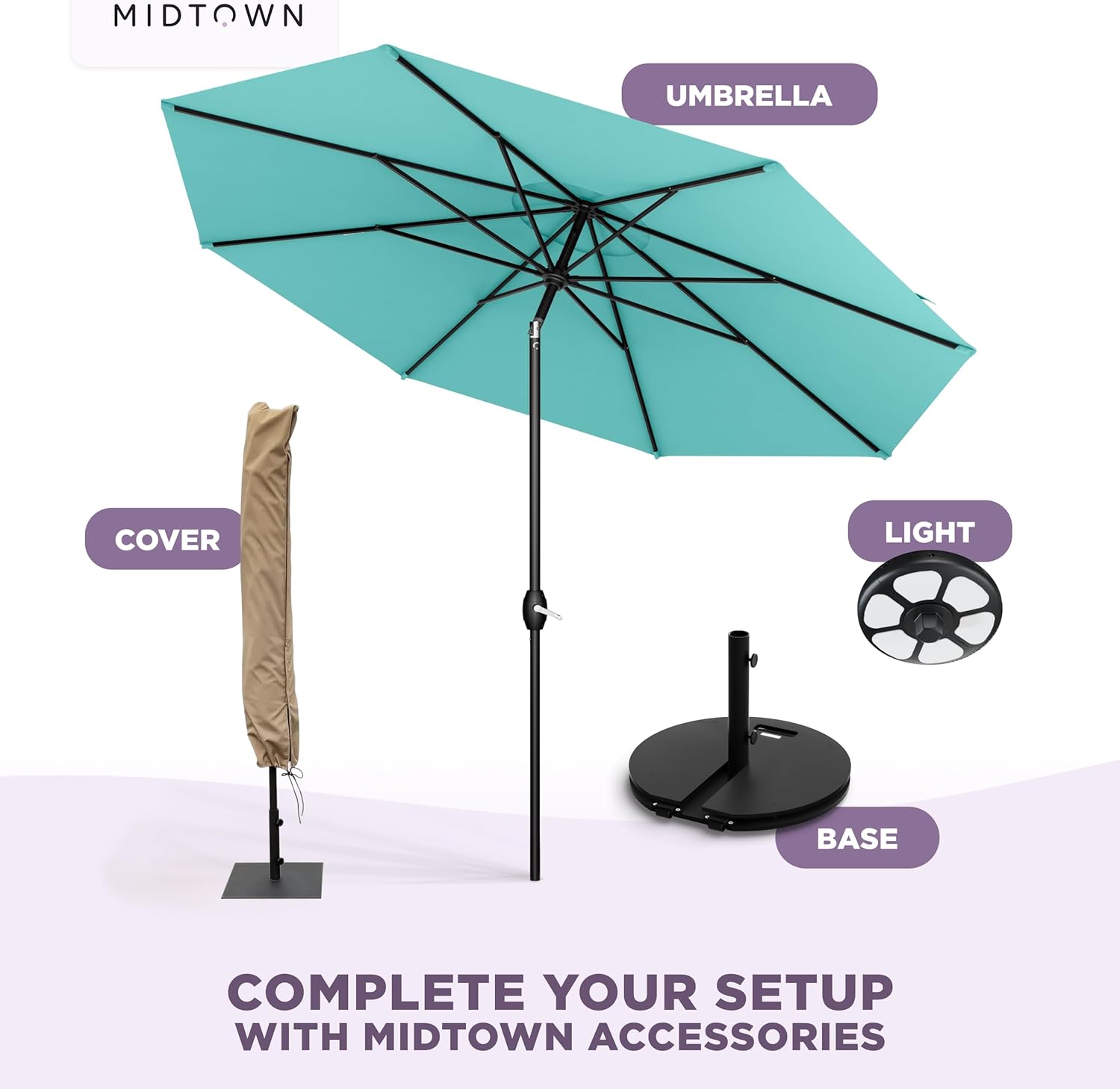 Midtown Umbrellas - The Lean 9 Ft Patio Umbrella with Fade-Resistant Sunbrella Fabric  Auto-Tilt Aluminum Frame and 8 Reinforced Ribs for Deck  Pool & Garden - Aruba Canopy  Black Pole