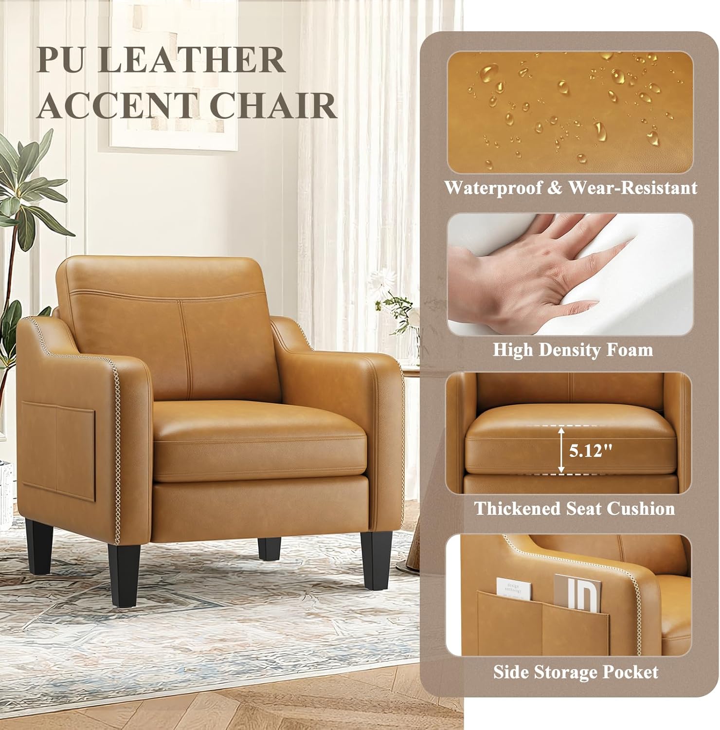 PU Leather Accent Chair Set of 2, Mid-Century Modern Living Room Armchair Sofa with Removable Cushions, Solid Wood Frame & Stitched Armrest Design, Bedroom Chair with Plastic Legs, Brown