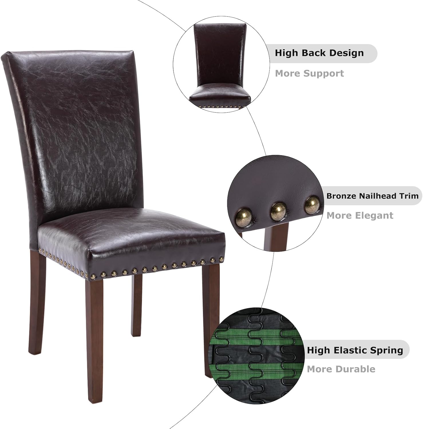 COLAMY Upholstered Parsons Dining Chairs Set of 4, PU Leather Dining Room Kitchen Side Chair with Nailhead Trim and Wood Legs - Dark Brown