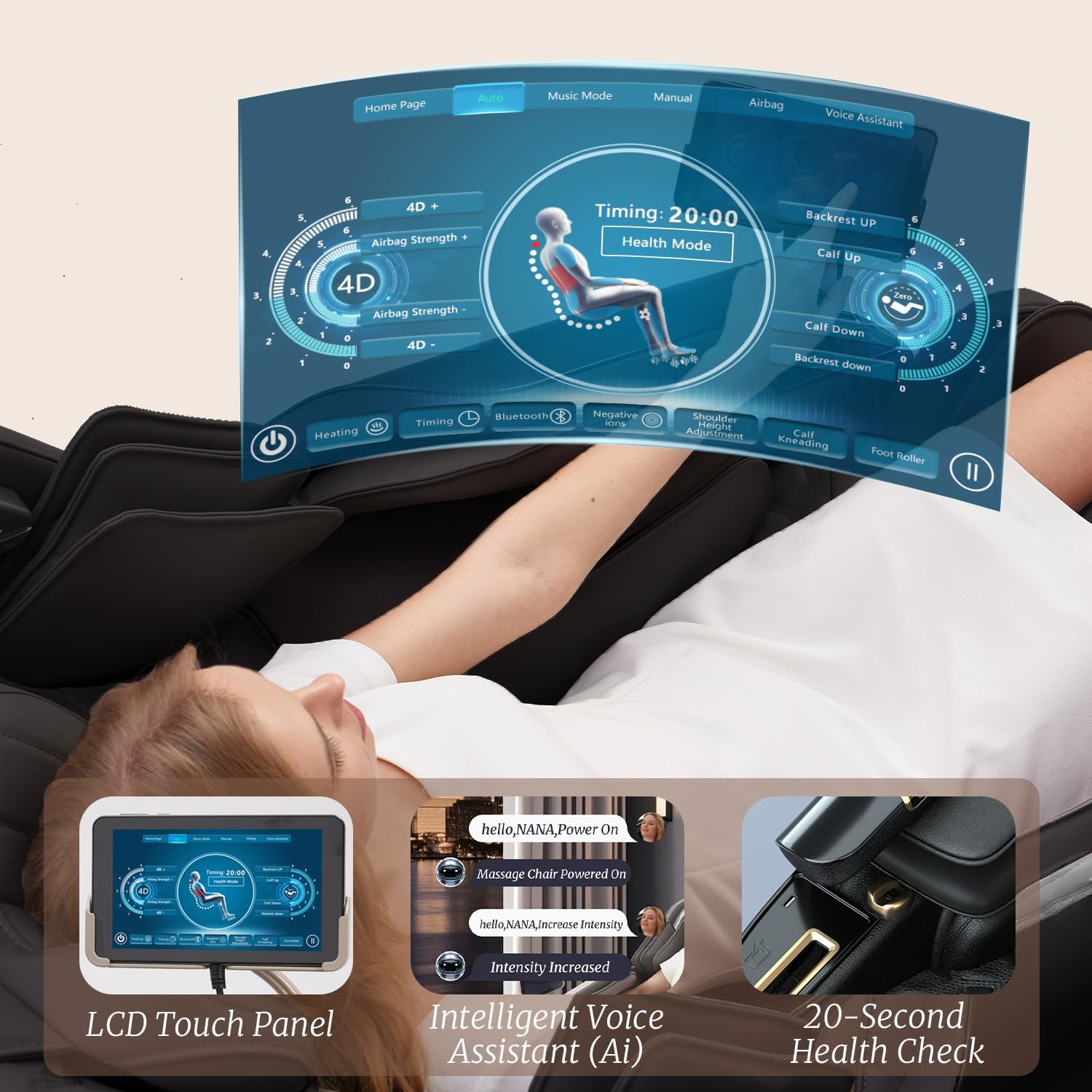 4D Zero Gravity Massage Chair 52" SL-Track Sliding Massages AI Voice Control System LCD Touch Screen 52 Airbags Soft Massage Body Scan and Calfrest Extension Massage Chairs Full Body  Wireless Charger