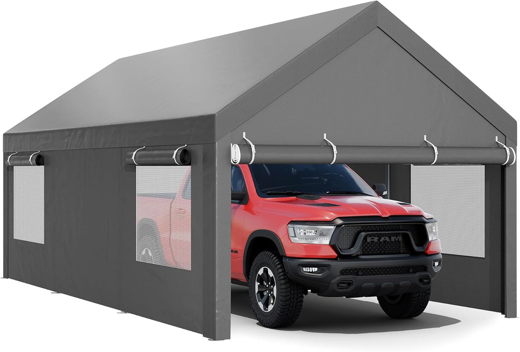 JY QAQA Carport  12x20 FT Heavy Duty Carport with Removable Side Walls and Doors  Portable Garage with Roll-Up Window and Sandbags  Car Canopy with All-Season Tarp for Cars  Trucks  Boats  Grey