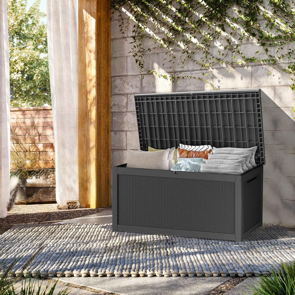 TARKARI 320 Gallon Lockable Resin Deck Box  Waterproof & UV-Resistant Outdoor Storage Box for Outdoor Cushion Storage  Garden Tools & Pool Accessories Storage  Black