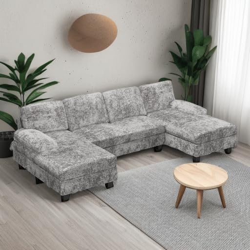 Furniwell Convertible Sectional Sofa Couch, 4 Seat Sofa Set for Living Room U-Shaped Modern Fabric Modular Sofa Sleeper with Double Chaise & Memory Foam (Fabric, Grey)