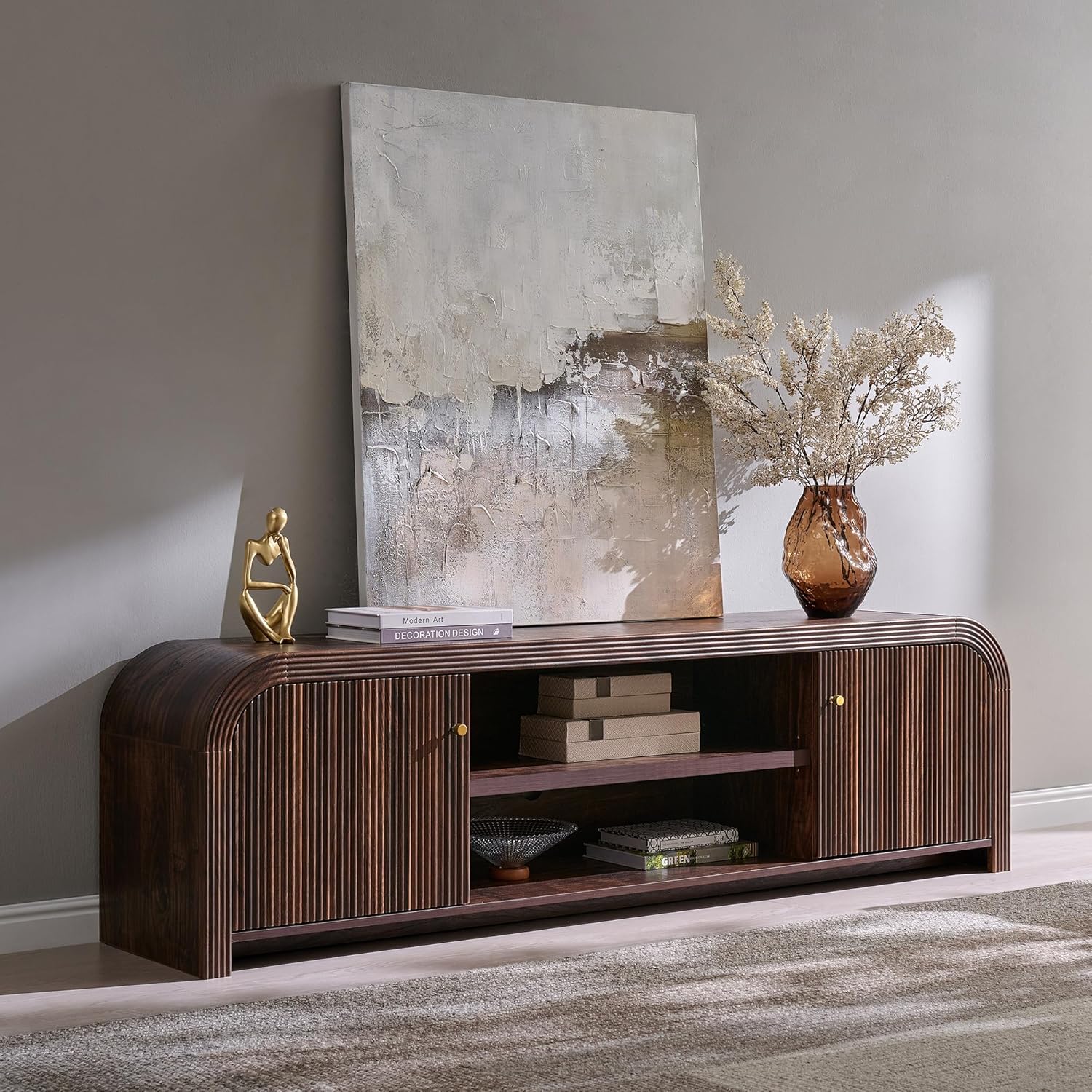 T4TREAM 70" Modern Fluted TV Stand, Long TV Table Entertainment Center with Storage, Media Console for Living Room with Door and Adjustable Shelves (Dark Walnut)