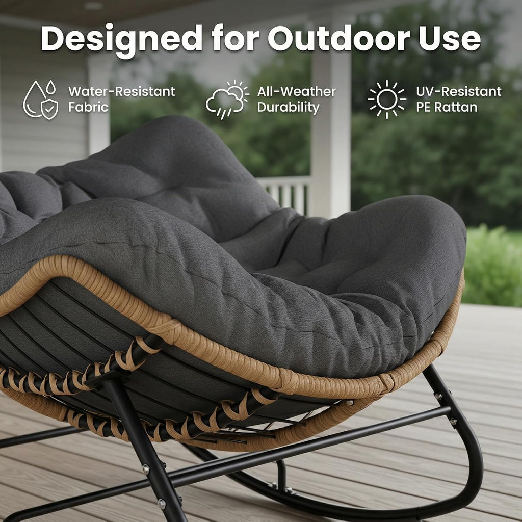 SWITTE Outdoor Rocking Chair  Oversized Patio Papasan Rocker  Comfy Wicker Reading Lounge  Indoor Egg Chair for Bedroom  Living Room  Porch  Garden  Lawn-Dark Grey