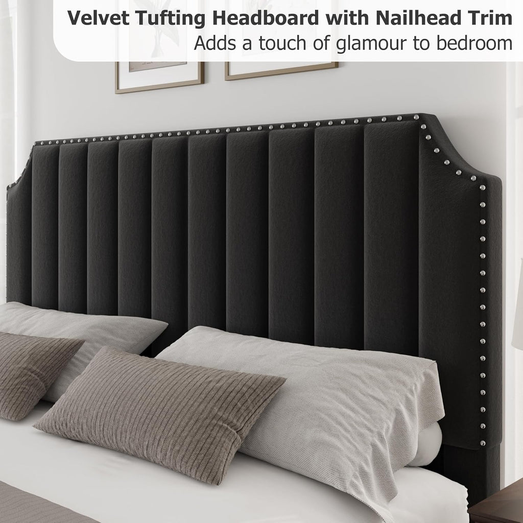 GarveeHome King Size Platform Bed Frame with 50.2 in Headboard, Velvet Upholstered Bed Frame King with Vertical Channel Tufted Headboard & Footboard, Nailhead Trim, No Box Spring Needed, Black
