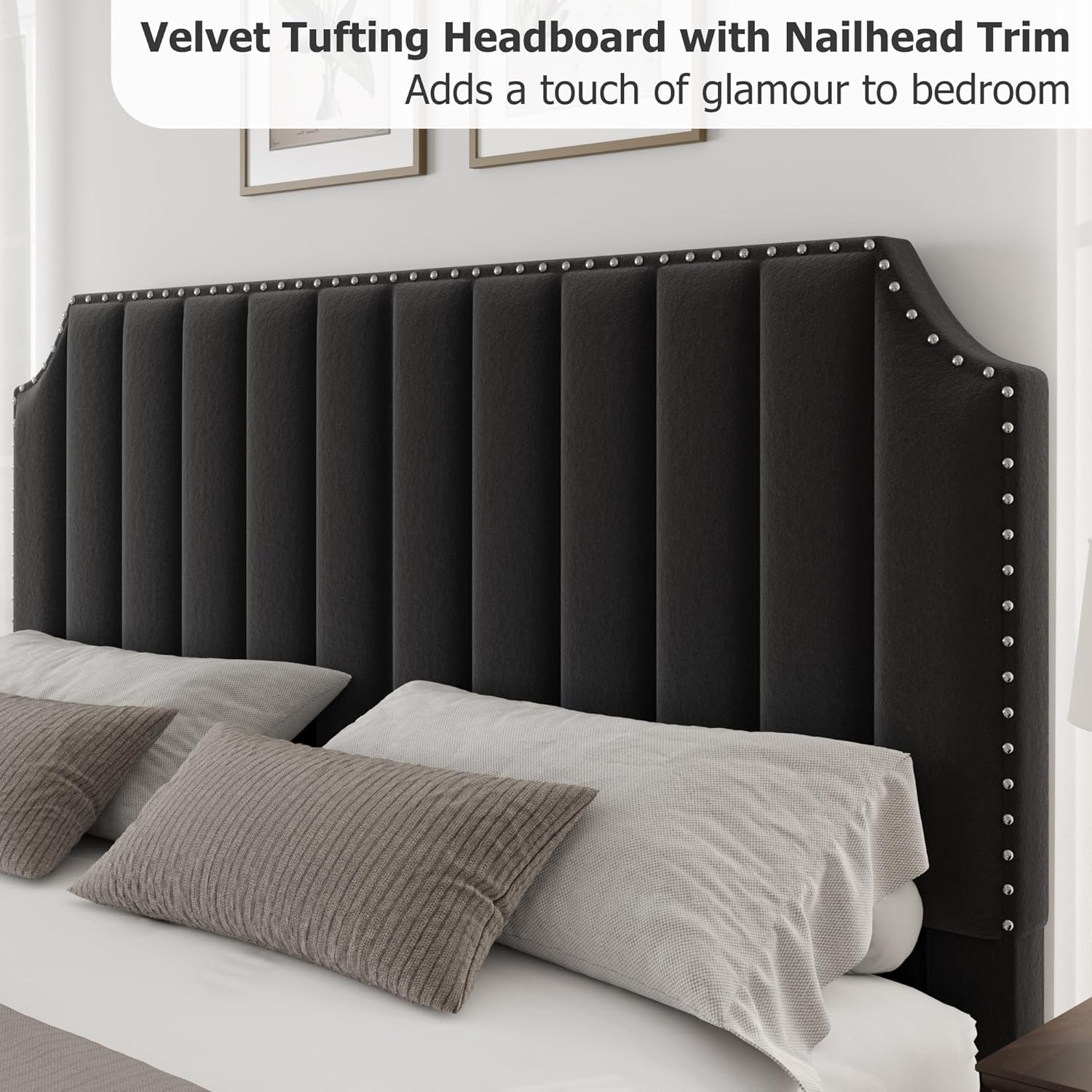 GarveeHome King Size Platform Bed Frame with 50.2 in Headboard, Velvet Upholstered Bed Frame King with Vertical Channel Tufted Headboard & Footboard, Nailhead Trim, No Box Spring Needed, Black