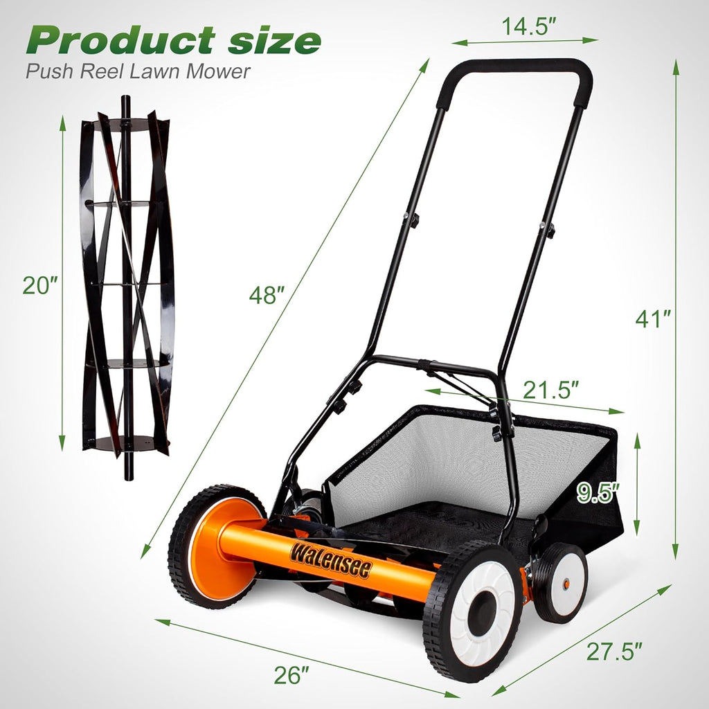 Walensee 20-Inch 5-Blade Push Reel Lawn Mower  Cordless Manual Reel Lawn Mower Walk-Behind Steel Lawn Mowers with Removable 11.8-Gallon Grass Catcher  Sponge Grip  9-Position Cutting Height Adjustment