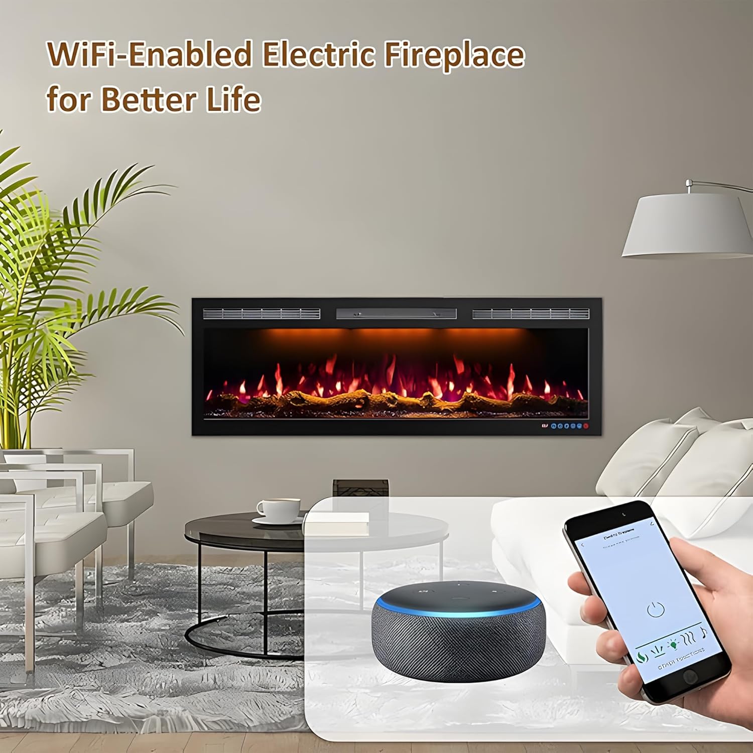 72 Inch WiFi Electric Fireplace Heater, Recessed or Wall Mounted, Ultra‑Slim 5.51" Deep, 750/1500W, 12 Flame Colors & 12 Ember Bed Colors,Remote & App Control, Works with Alexa & Google Home