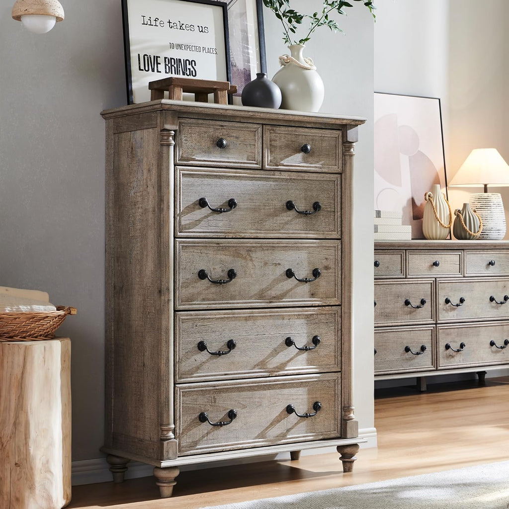 T4TREAM Farmhouse 6 Drawers Dresser Chests for Bedroom w/4 Solid Wood Feet & Column Decor, Tall Wood Country Rustic Chest of Drawers, Storage Dressers for Bedroom, Living Room, Light Rustic Oak