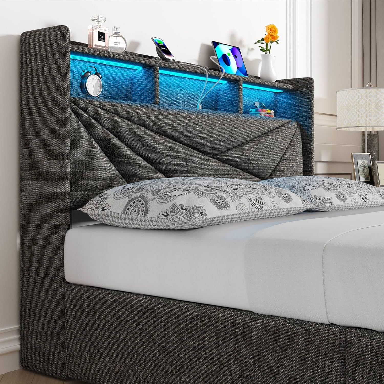 LED King Size Bed Frame with 4 Storage Drawers, Upholstered King Bed Frame with 2-Tier Headboard and Charging Station, No Box Spring Needed, Easy to Assembly - Dark Grey