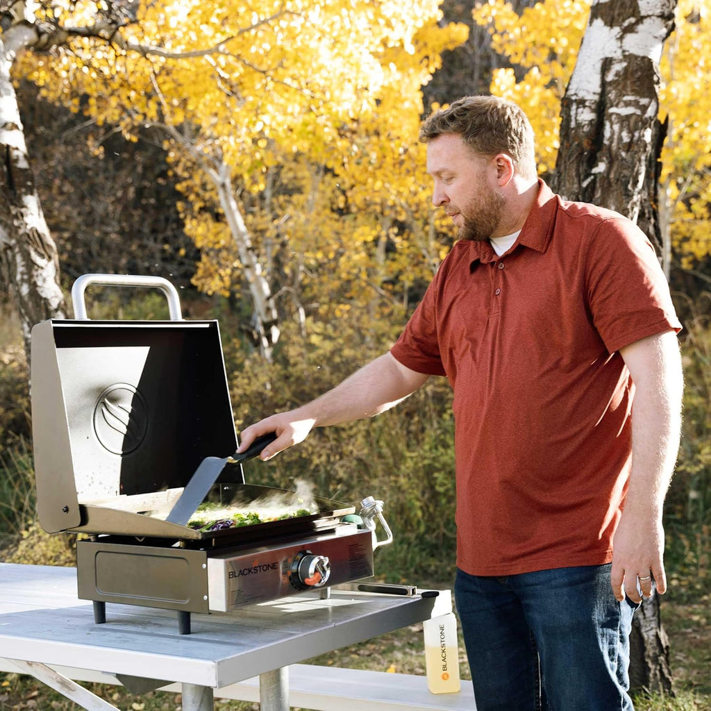 BLACKSTONE 1814 Stainless Steel Propane Gas Portable  Flat Top Griddle Frill Station for Kitchen  Camping  Outdoor  Tailgating  Tabletop  Countertop – Heavy Duty & 12  000 BTUs  17 Inch  Black