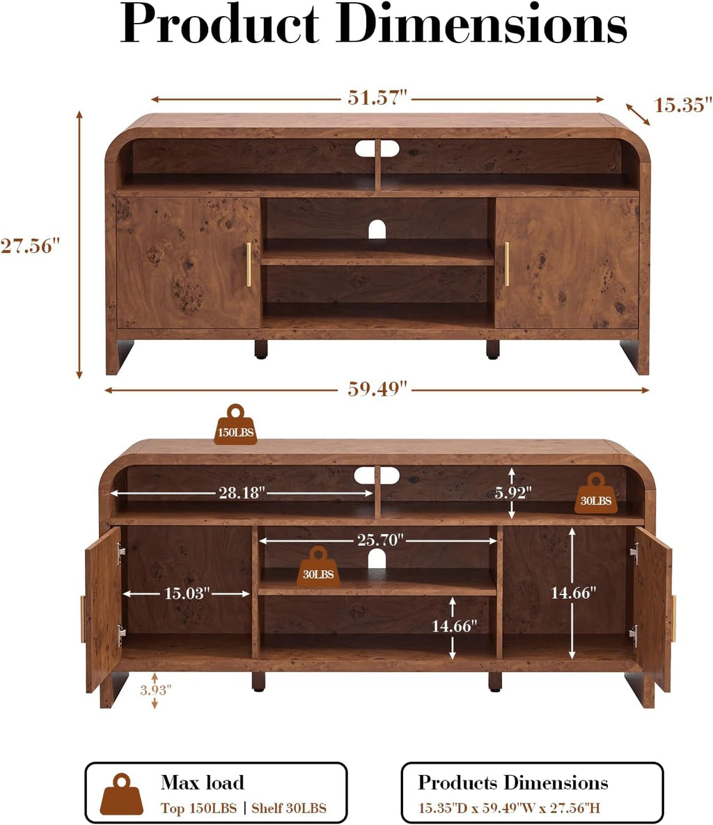 TV Stand for TVs Up to 65'' - Unique Curved Profile, FSC-Certified Wooden Board Entertainment Center with Adjustable Shelves and Storage Cabinet Modern Media Console for Living Room