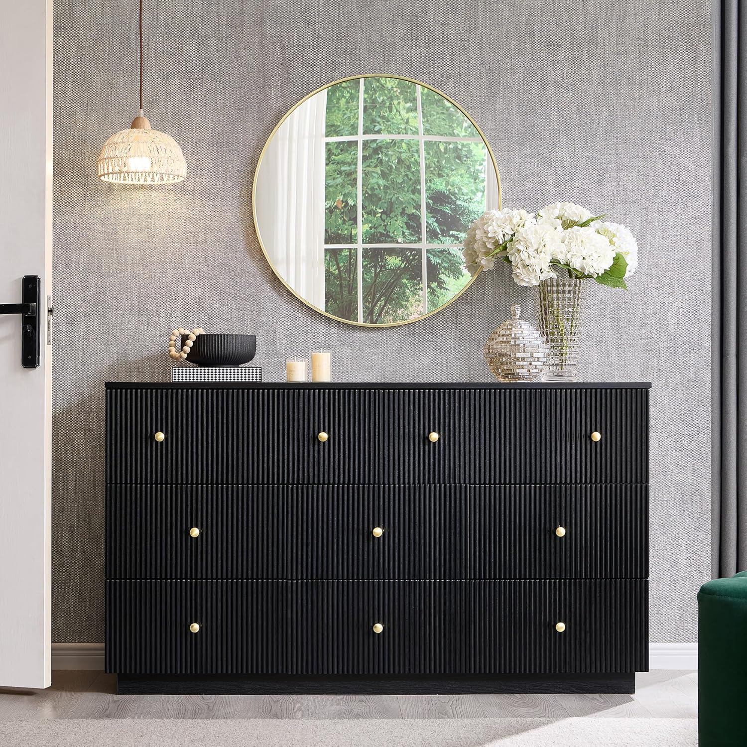 Fluted Dresser for bedroom, 55"W Black 8 Drawer Dressers, Wood Tall Dresser Storage Organizer, Modern Bedroom Chest of Drawers with Deep Storage for Closet Hallway, Entryway, Living Room Black