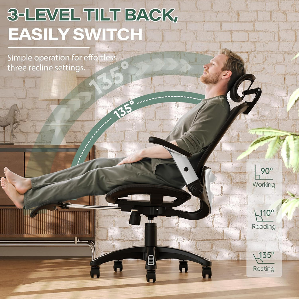 GABRYLLY Ergonomic Office Chair with Footrest, High Back Home Desk Chair - 3D Headrest, Flip-Up Arms, 135° Tilt and Wide Cushion, Heavy Duty Mesh Chairs for Task Computer Gaming,GYB01-FT