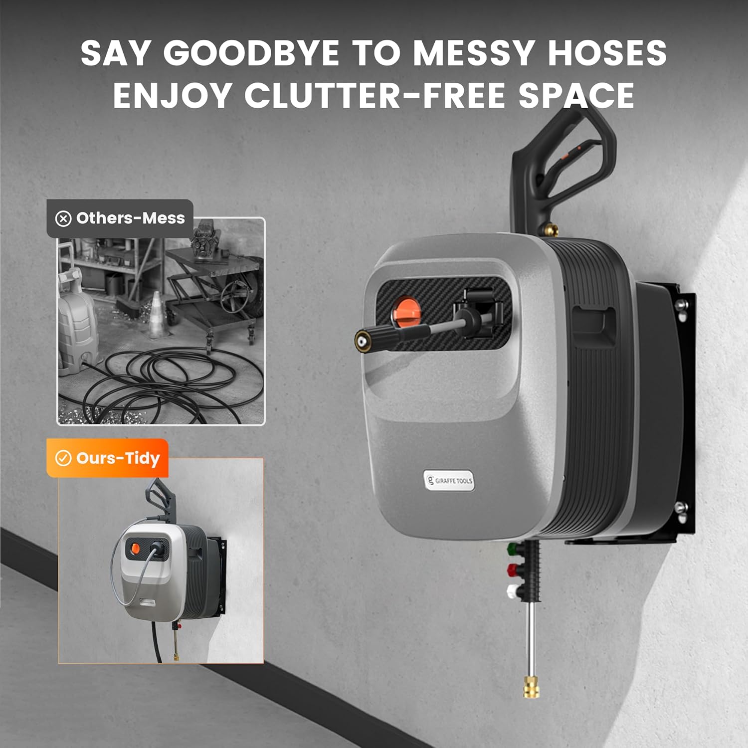 Giraffe Tools Grandfalls Retractable Pressure Washer G20  2500 PSI 2.2 GPM  Wall Mounted with 65FT Hose Reel  4 Nozzles for Floor/Cars/Fences/Patios  Light Silver Case with Grey Pressure Hoses