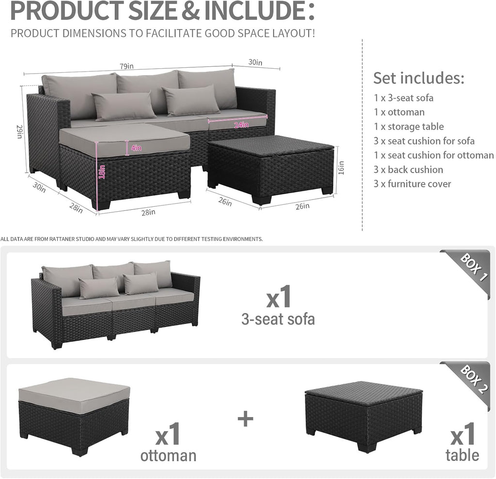 3 Pieces Patio Furniture Set Outdoor Sectional Wicker Patio Furniture Patio Couch with Ottoman and Outdoor Storage Table All-Weather Anti-Slip Cushions Waterproof Covers  Light Grey