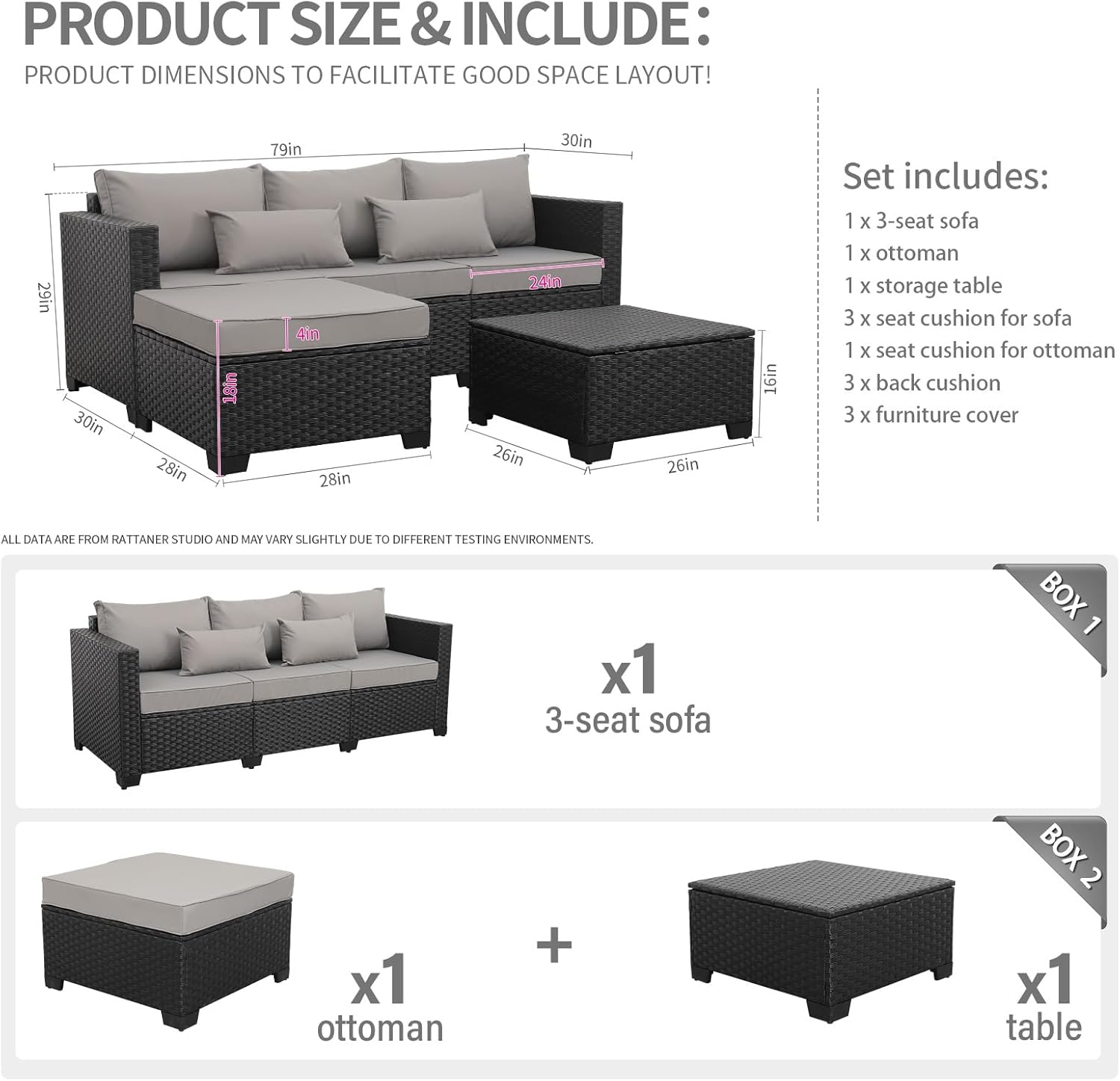 3 Pieces Patio Furniture Set Outdoor Sectional Wicker Patio Furniture Patio Couch with Ottoman and Outdoor Storage Table All-Weather Anti-Slip Cushions Waterproof Covers  Light Grey