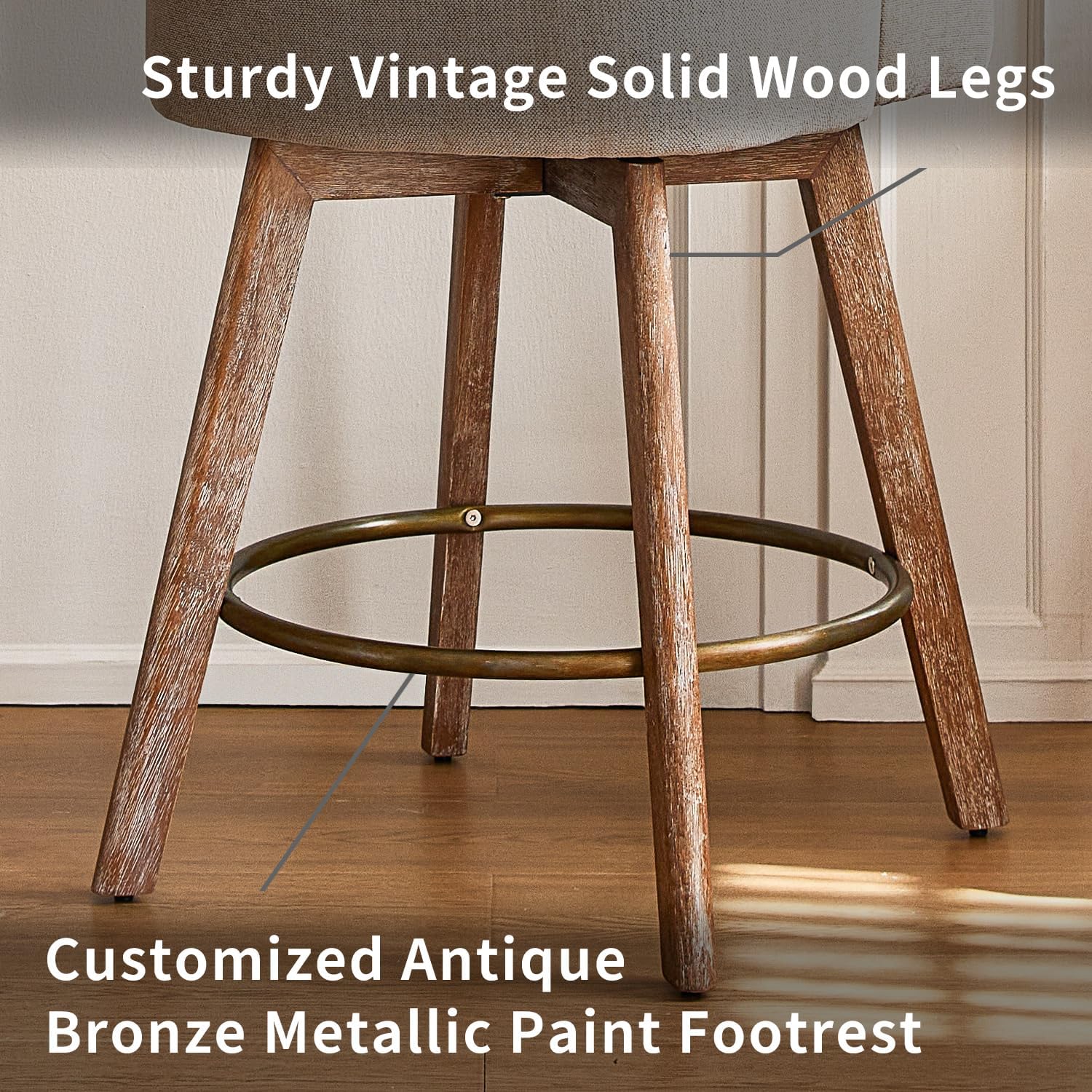 Counter Height Bar Stools,Sand-Colored Linen Comfort Fabric Bar Stool Set of 3 .360° Swivel Counter Height Stools Solid Wood Legs,27'' Barstools with Contoured Backrest