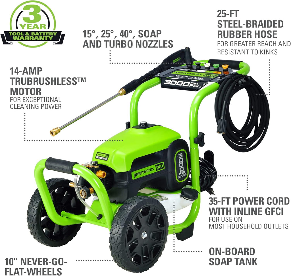 Greenworks Pro Brushless 3000 PSI (CSA Certified) 2.0 GPM Max / 1.1 GPM Electric Pressure Washer (Rugged Steel Frame  25 FT Hose  35 FT GFCI Power Cord)