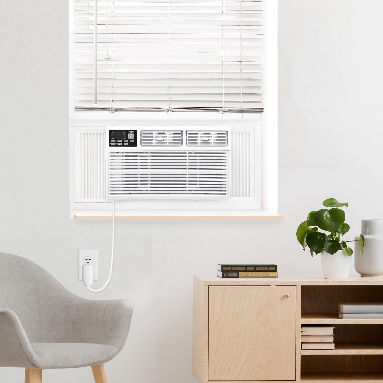 Whirlpool 18,000 BTU Window Air Conditioner with Dehumidifier, 230V, Window AC for Large Rooms up to 1000 Sq. Ft., Bedroom, Living Room, Apartment, with Remote, 3 Speeds, and 24H Timer, White