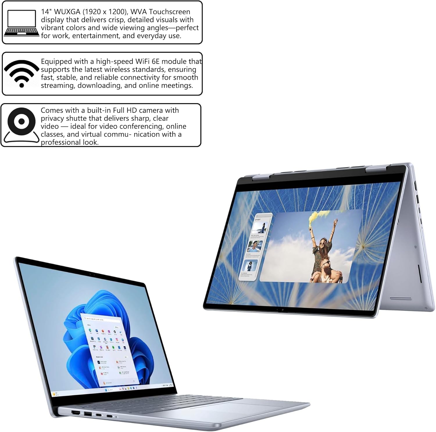 Dell Inspiron 14 7445 2-in-1 Laptop 14" WUXGA Comfortview Touchscreen AMD 6-core Ryzen 5 8640HS (>i7-1355U) 16GB RAM 512GB SSD Backlit for Creator Business Professional Work Win11 w/Copilot AI
