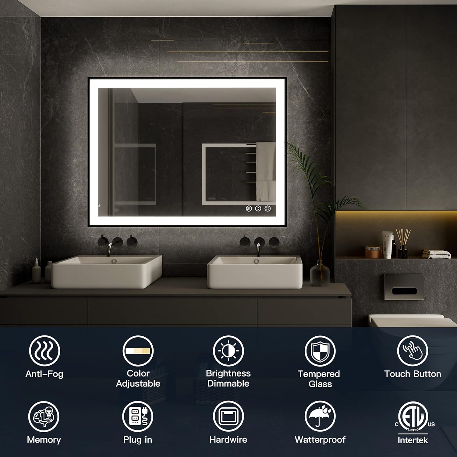 ISKM Framed LED Mirror for Bathroom 40"x36", Dimmable LED Bathroom Mirror with Lights, Anti-Fog, Front and Backlit Lighted Mirror 3-Colors, Shatterproof, Memory Function