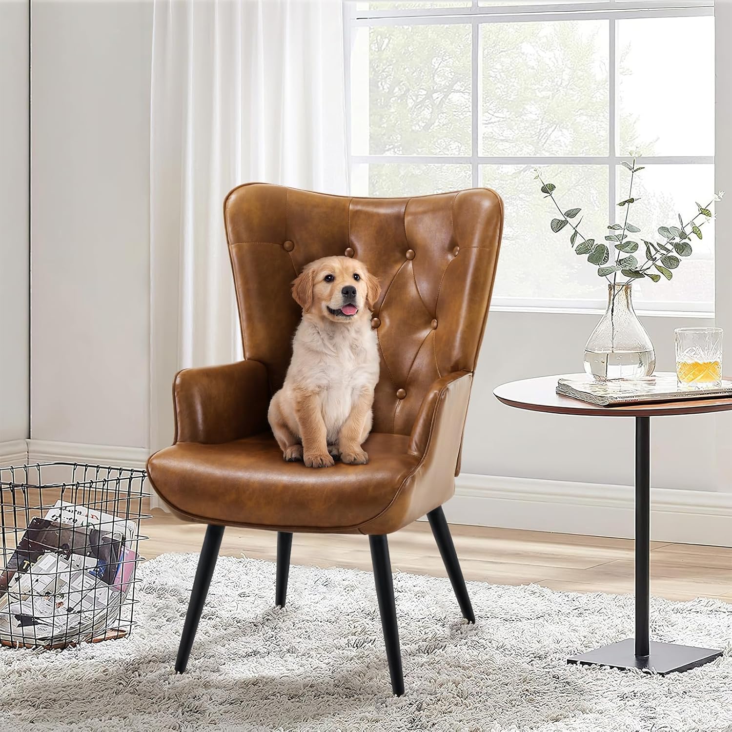 Furnimart Accent Chairs Set of 2, Brown PU Leather Reading Armchair with High Backrest, Wingback Corner Chair Mid Century Modern for Living Room, Bedroom, Waiting Room
