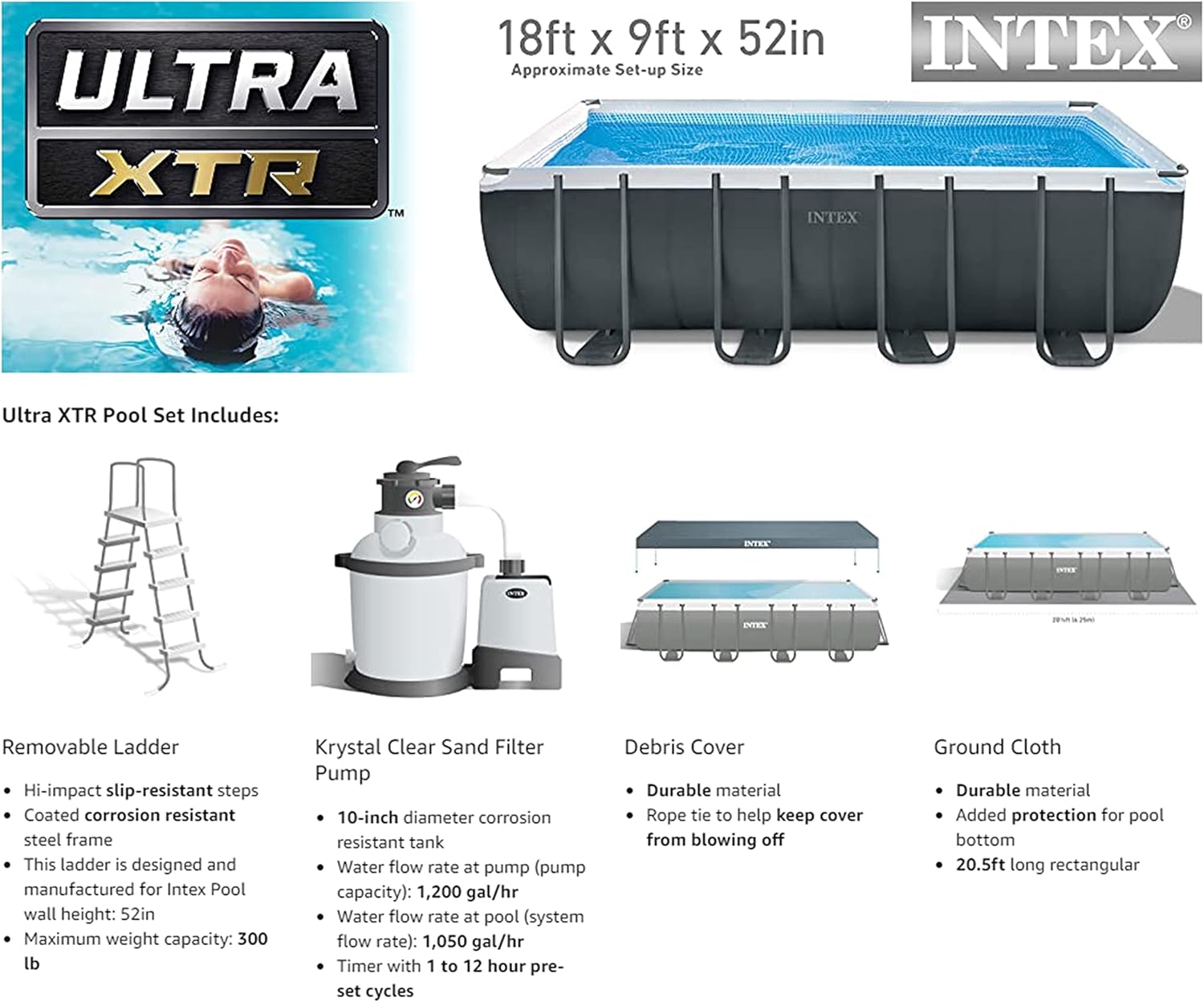 Intex 18' x 9' x 52" Ultra XTR Rectangular Frame Swimming Pool Set with Pump - Above Ground Backyard Large Rectangle Pool with 45-Inch Deep Water