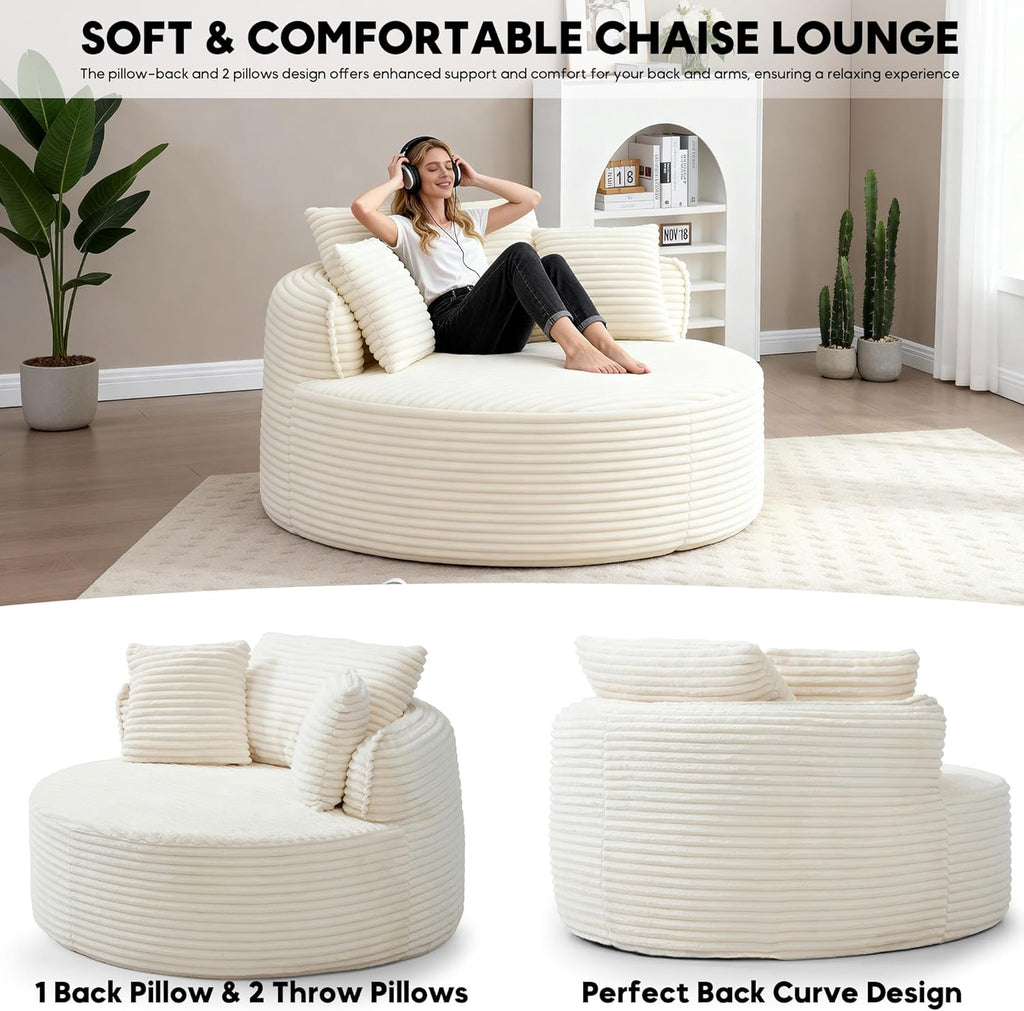 Oversized Round Chair Lounge Chaise Indoor, 53.5" Corduroy Boneless Round Chair, Fluffy Single Deep Seat Cloud Sofa Chairs, Modern Circle Chaise Lounge for Bedroom, Living Room, Beige White