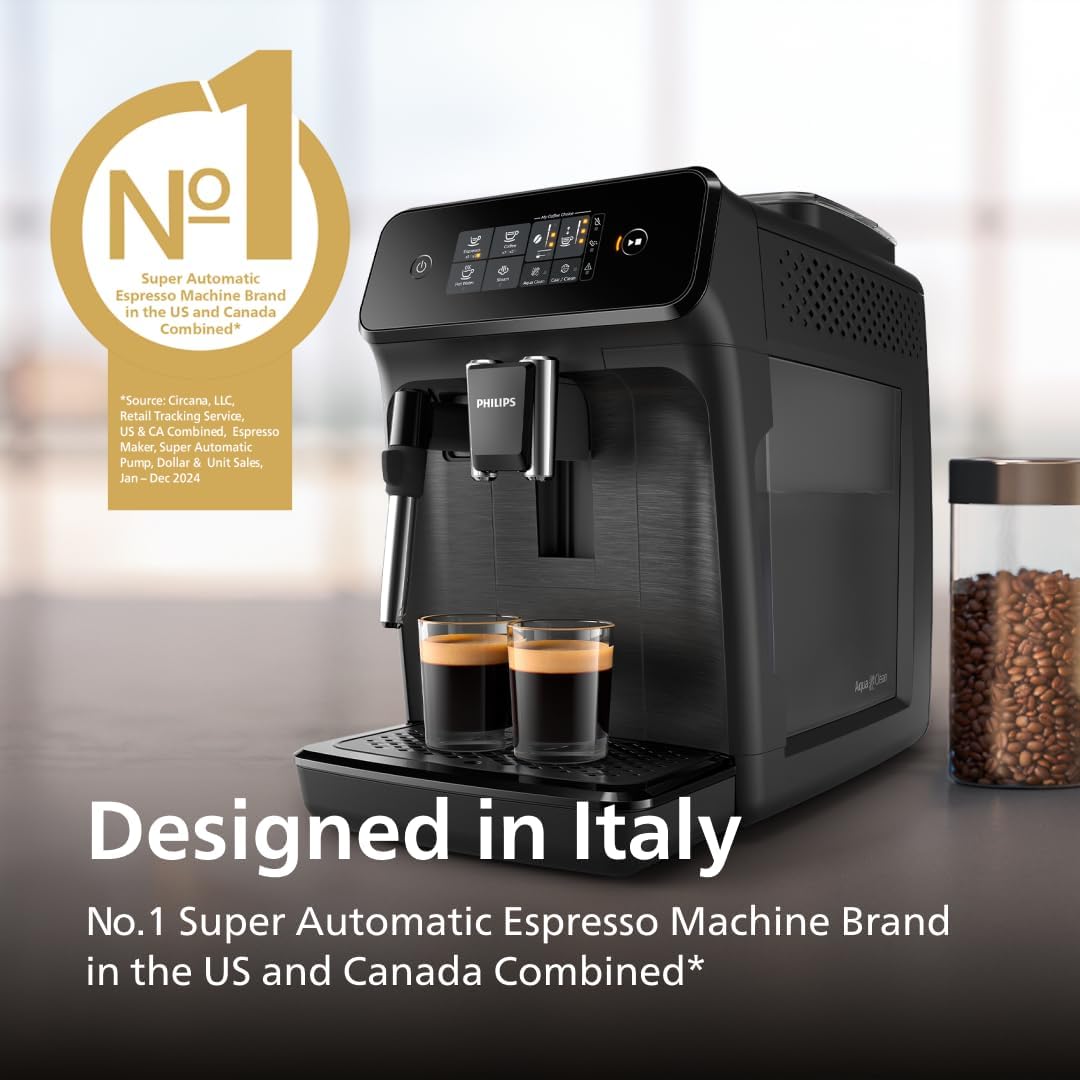 Philips 1200 Series Fully Automatic Espresso Machine, Classic Milk Frother, 2 Coffee Varieties, Intuitive Touch Display, 100% Ceramic Grinder, AquaClean Filter, Aroma Seal, Black (EP1220/04)
