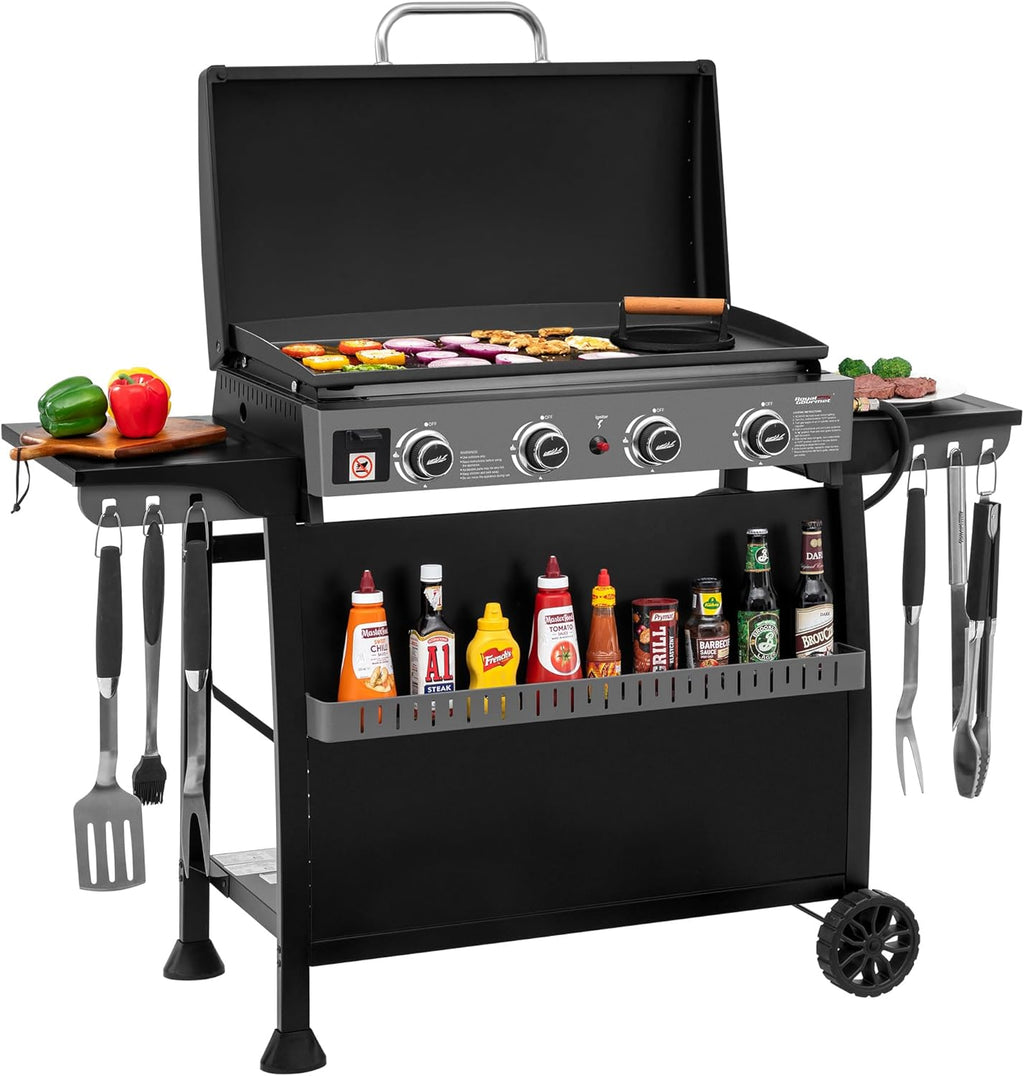 Royal Gourmet PD4001 4 Burner Propane Gas Griddle with Removable Standing Cart  Convertible to Tabletop Design  Flat Top Grill with Hood for Camping  Tailgating  Backyard  Black