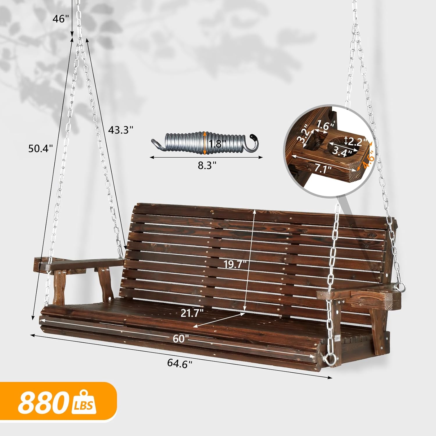 VINGLI XL Size Patio Wooden Porch Swing Outdoor with Cup Holders & Phone Slots  Heavy Duty 880 LBS Hanging Swing Chair Bench with Hanging Chains for Yard  Lawn  Garden (5 FT Pro  Rustic)