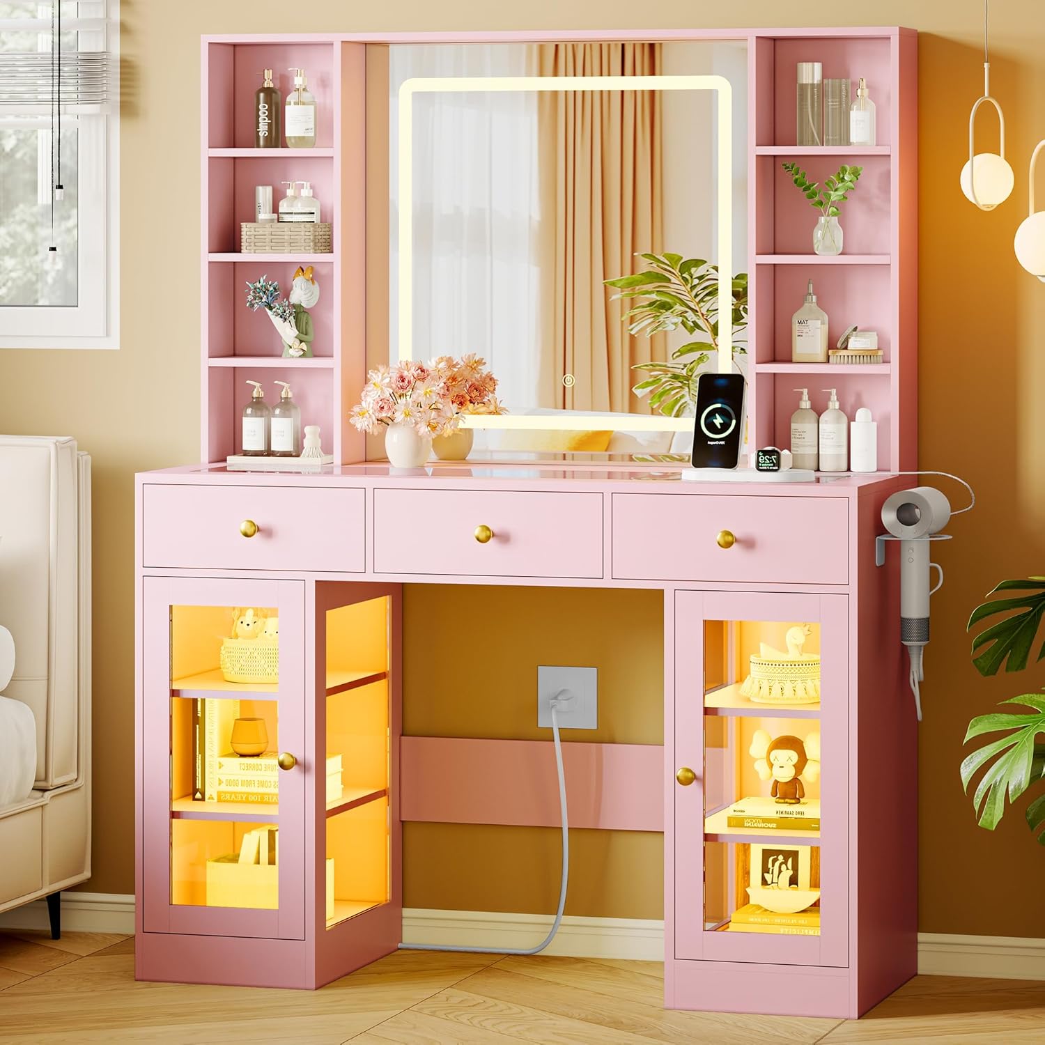 Makeup Vanity Desk with HD Lighted Mirror & Power Outlet, Glass Top Vanity Table Set with Storage Drawers & RGB Cabinets, Large Dressing Table with 3 Lighting Modes for Bedroom Women Girls Kids, Pink
