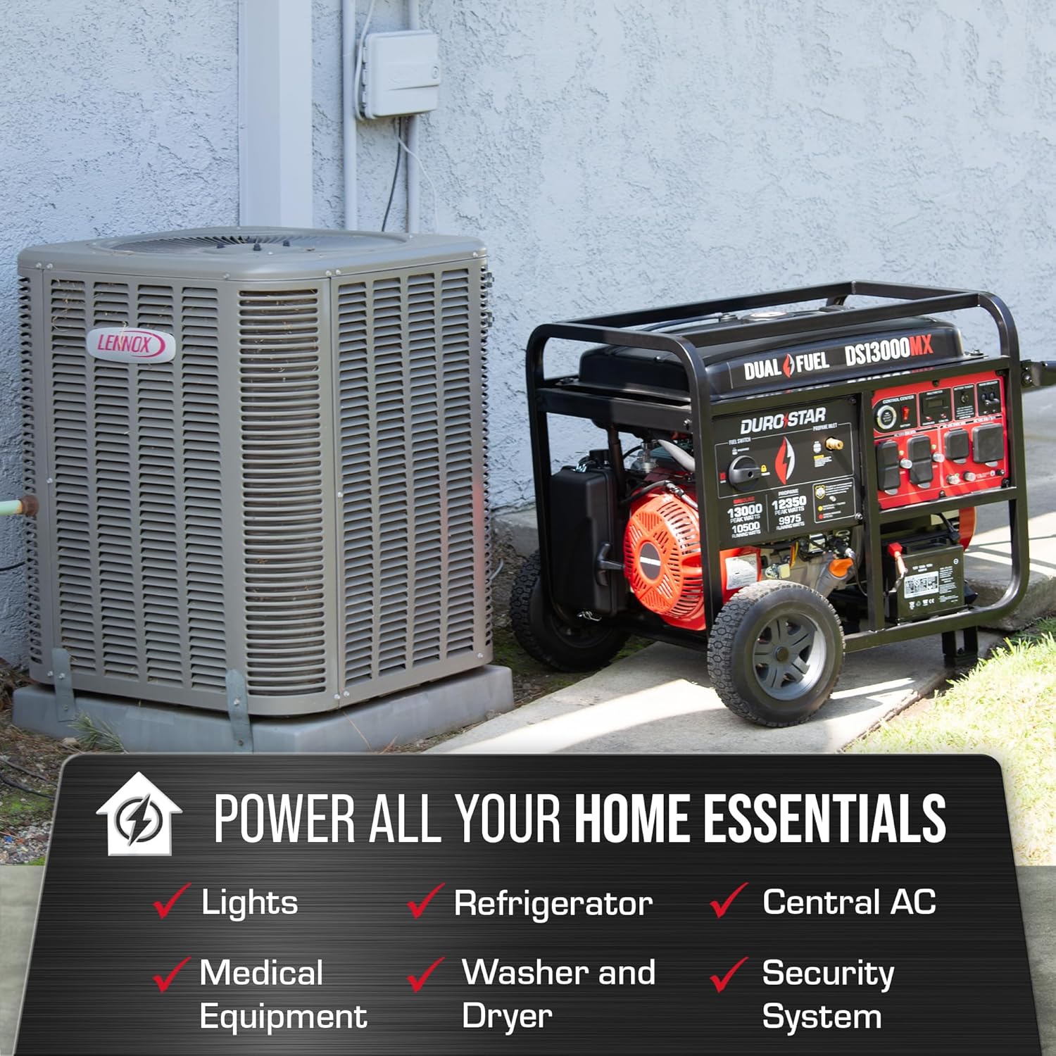 DuroStar DS13000MX 13 000-Watt 500cc Dual Fuel Portable Generator - Gas and Propane  Remote Electric Start  Whole Home Power Backup  Transfer Switch Ready  RV & Emergency Ready