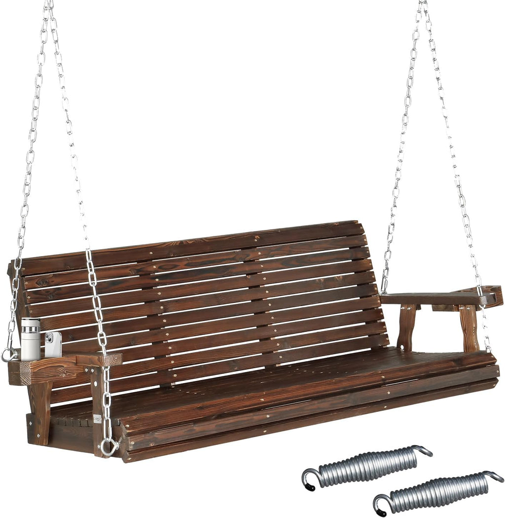 VINGLI XL Size Patio Wooden Porch Swing Outdoor with Cup Holders & Phone Slots  Heavy Duty 880 LBS Hanging Swing Chair Bench with Hanging Chains for Yard  Lawn  Garden (5 FT Pro  Rustic)
