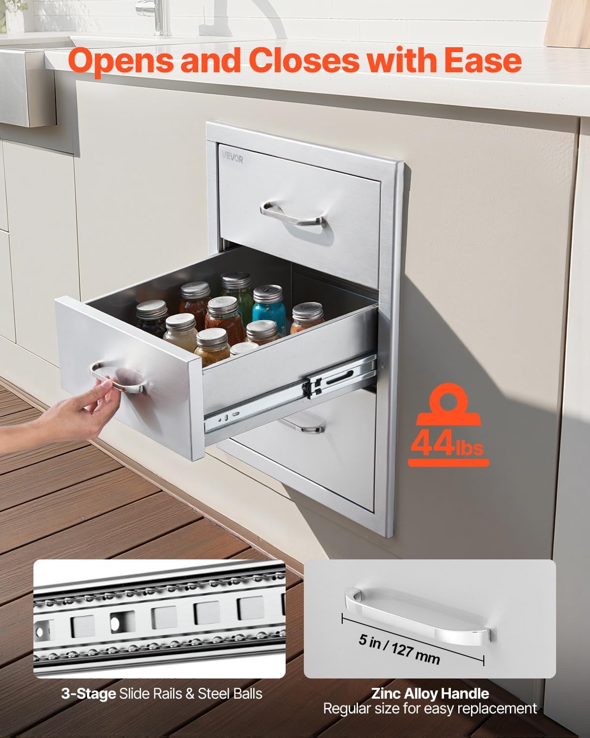 VEVOR Outdoor Kitchen Drawers 18.11" W x 23.23" D x 23.23" H  Triple-Access Stainless Steel Modular Drawer Cabinet with Handles  BBQ Island Drawer for Outdoor Kitchen or BBQ Island Patio Grill Station