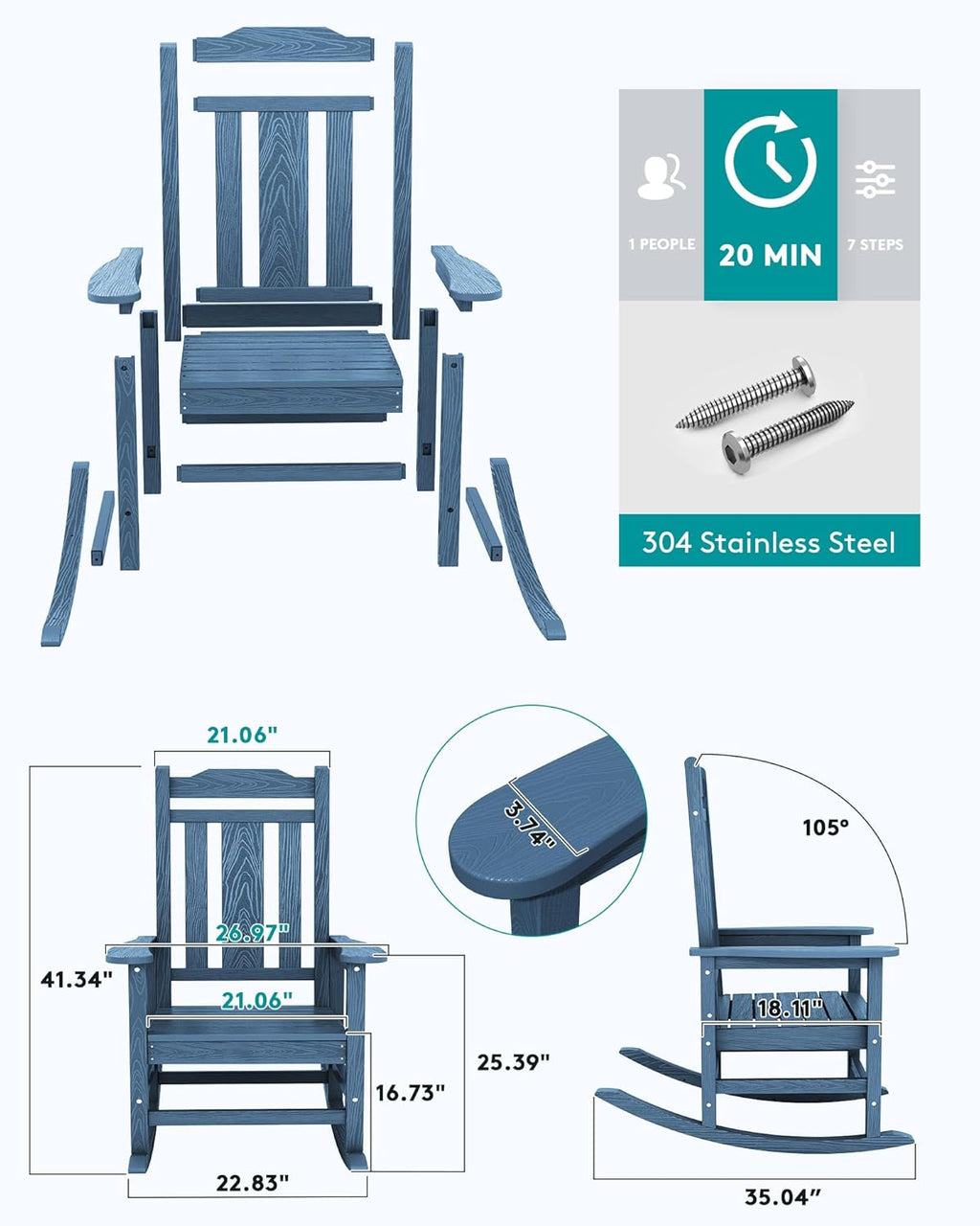 SERWALL Oversized Rocking Chair Set of 4 Outdoor  HDPE Outdoor Rocking Chair Set of 4  Blue