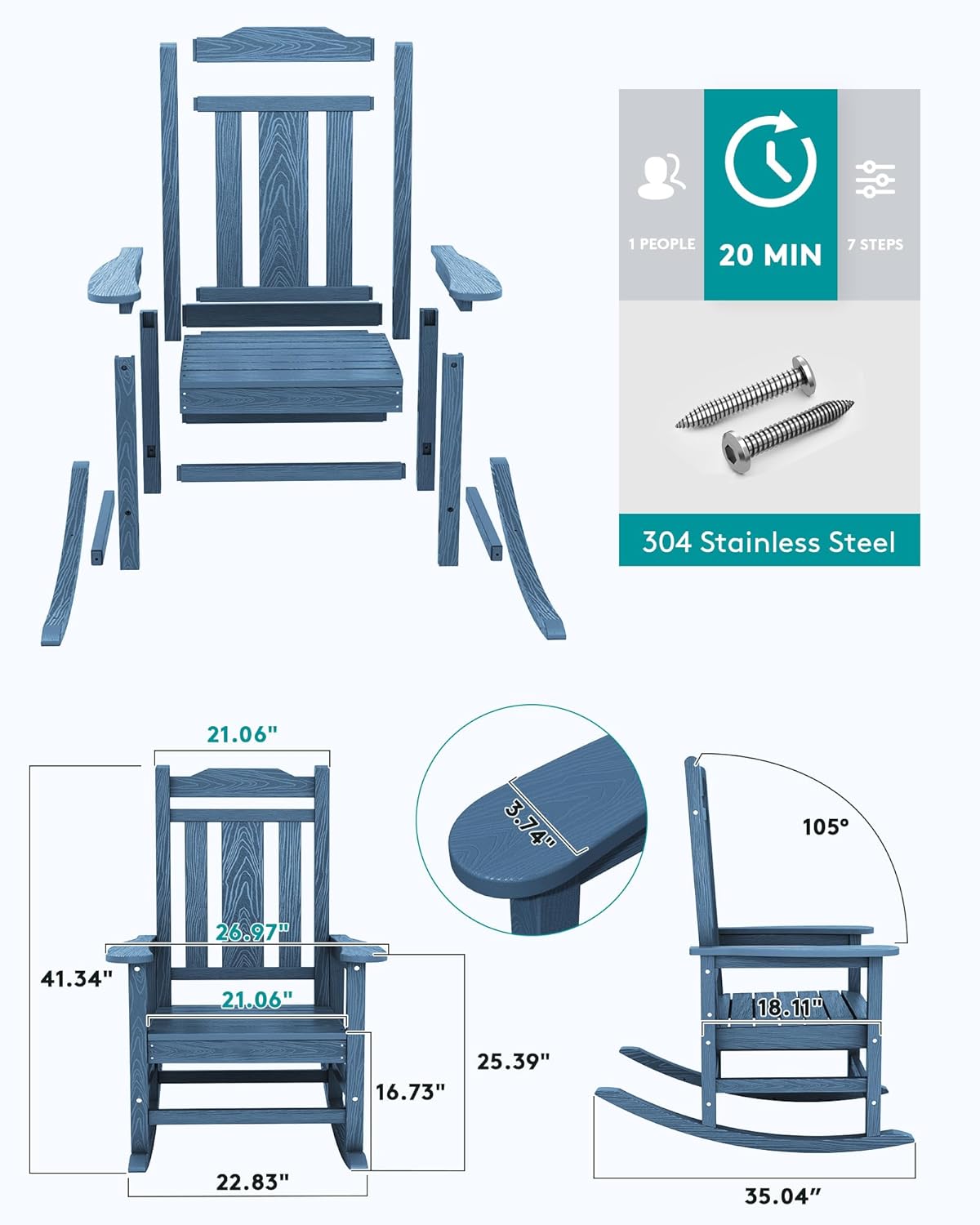 SERWALL Oversized Rocking Chair Set of 4 Outdoor  HDPE Outdoor Rocking Chair Set of 4  Blue
