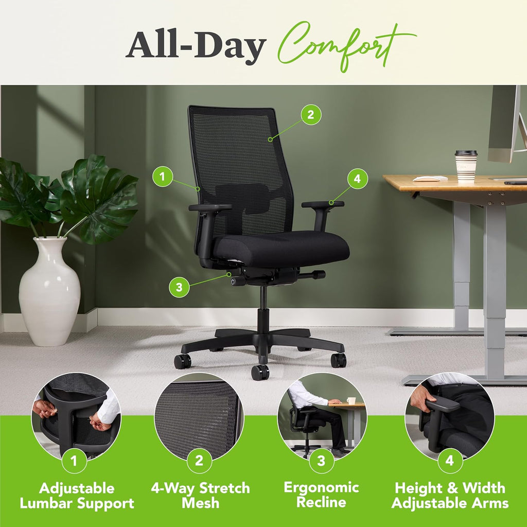 HON Ignition 2.0 Ergonomic Office Chair Fabric Seat, Adjustable Tilt, Swivel Wheels, Comfy for Long Hours, Home Office Desk Chairs, Fog