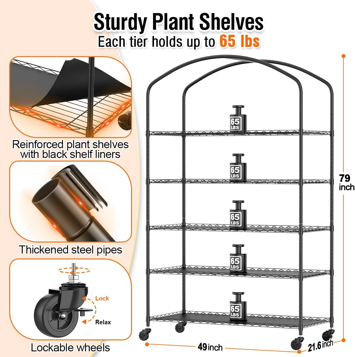 5 Tier Metal Plant Stand with Grow Light & PVC Cover Portable Mini Greenhouse with Shelves Adjustable Small Indoor Green House with Grow Light for Indoor Plants  Seedling Rack 49"x21.6"x79"