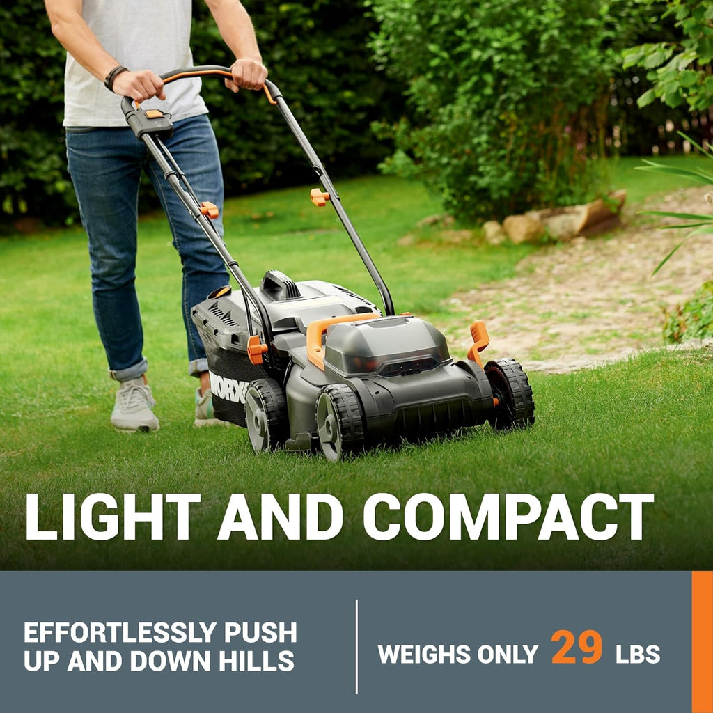 WORX 14" Cordless Lawn Mower  2 in 1 Electric Mower Cuts Quietly  Compact & Lightweight Push Lawn Mower with 6-Position Height Adjustment for Small Yards  2 Batteries & Charger Included  WG779
